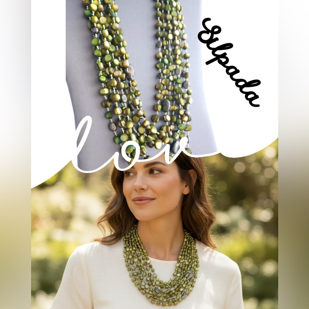 Silpada Retired N1814 8-Strand Green Mother of Pearl & Pyrite Statement Necklace